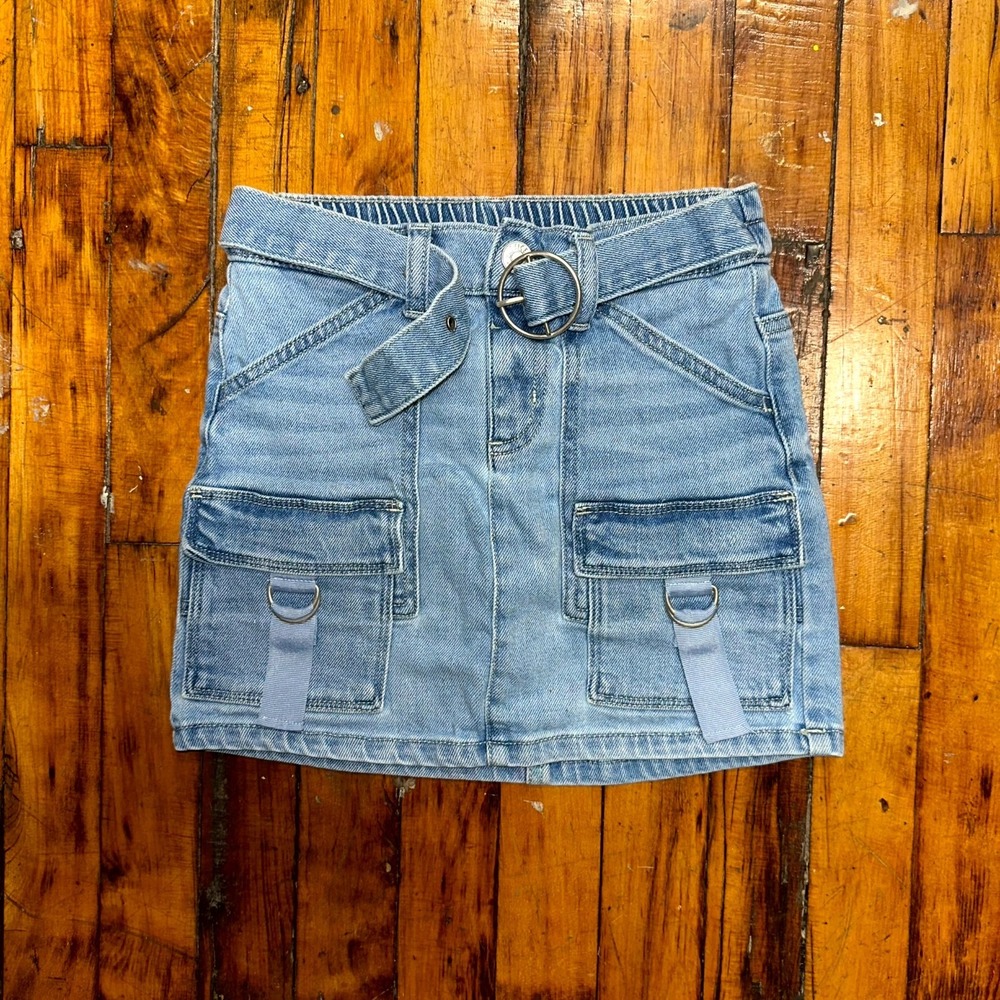 Justice Mini Skirt Girls Size 8 Blue Denim Cargo Pockets Belted Waist Utility